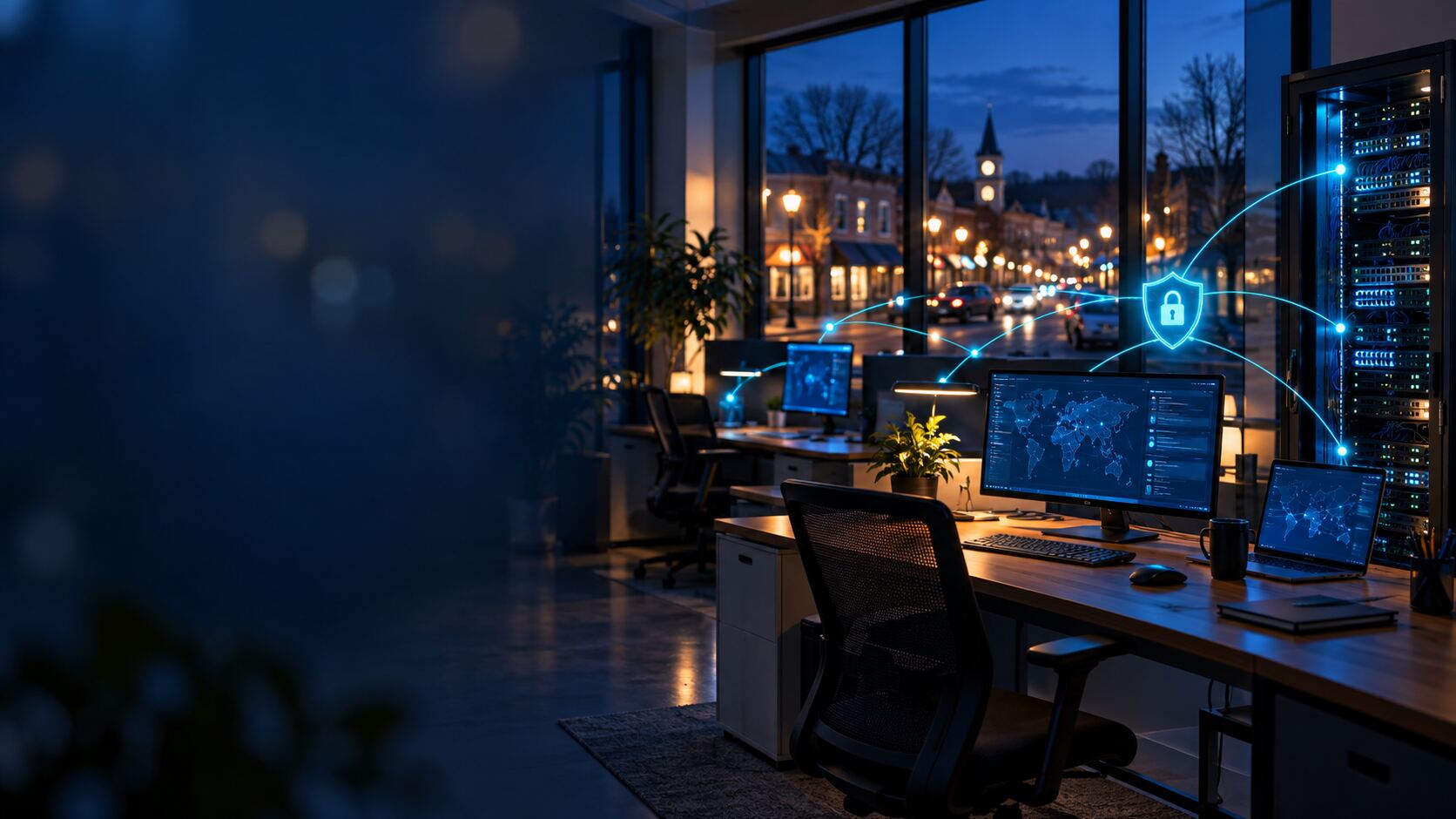 Modern Bergen County small business office at dusk, protected by a secure managed IT network