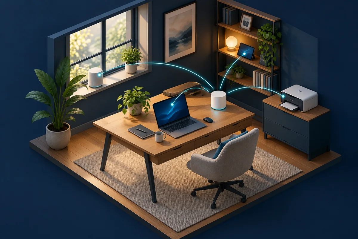 Illustration of a comfortable home office with a laptop, printer and connected Wi-Fi devices